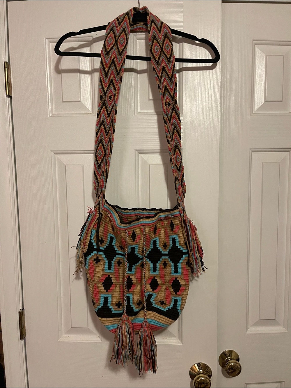 Handwoven Wayuu Mochila Boho Crossbody Bucket Bag with Tassels & Fringe